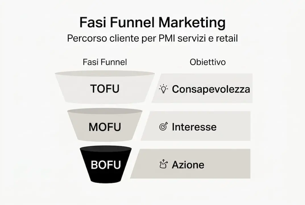 Infografica delle fasi del funnel di marketing TOFU MOFU BOFU per PMI italiane